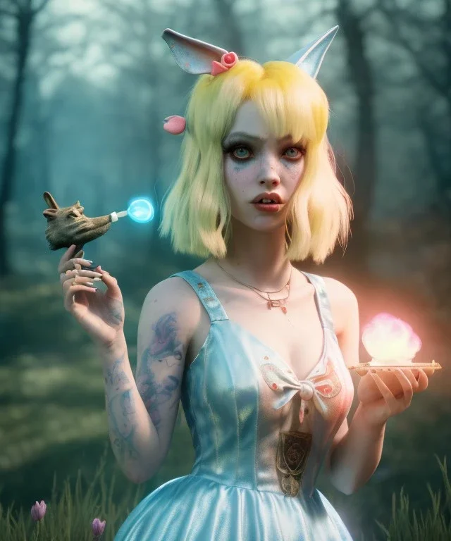 Ultra realistic wonderland photo, happy blonde Alice smoking a pipe, blue dress, white rabbit pet, circus dress style, old school tattoo, smoke, marijuana garden, glow eyes, perfect iris, soft color, highly detailed, unreal engine 5, ray tracing, RTX, lumen lighting, ultra detail, volumetric lighting, high definition.