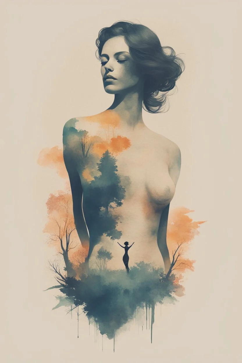 A minimalist, t-shirt design with a vintage twist, featuring a sleek and stylized unclad woman body silhouette against a faded, women body is painting about nature, awosome, bright.