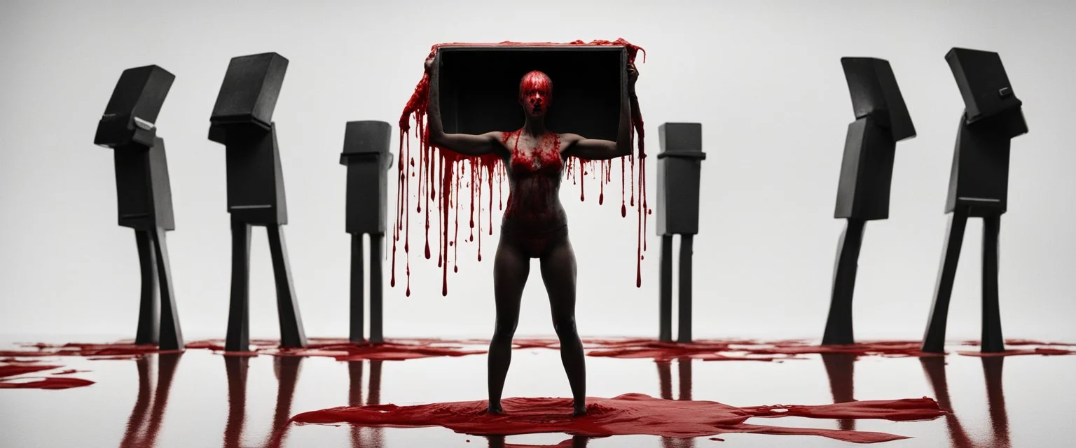 a faceless woman covered in blood holding up a black rectangular box