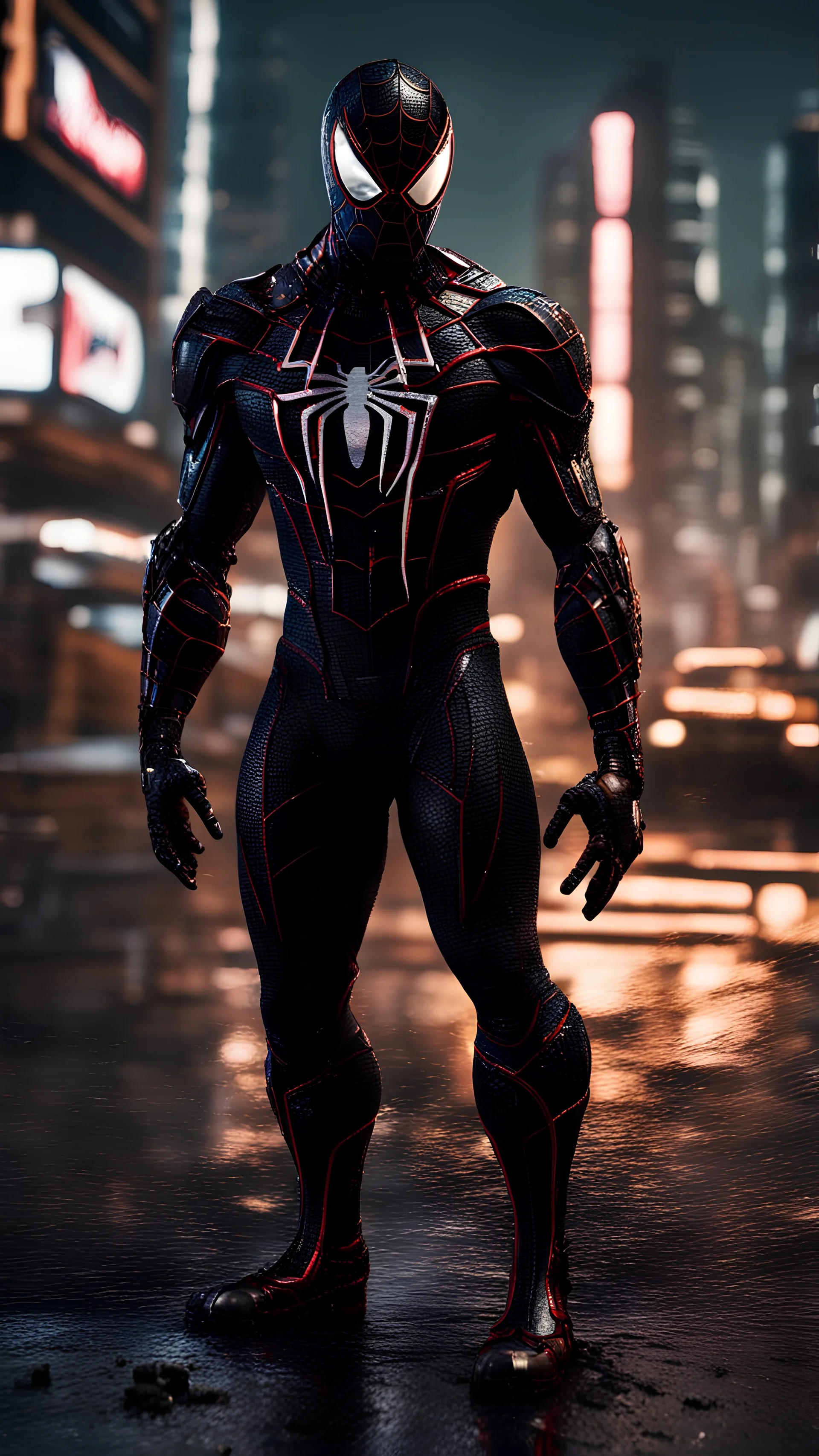 Spiderman wearing venom armor, face visible, sharp face focus, ready for batt, destroyed city in the background, deep perspective. bokeh, rim lights, light leaks, neon ambiance, abstract black oil, gear mecha, detailed acrylic, grunge, intricate complexity, rendered in unreal engine, photorealistic