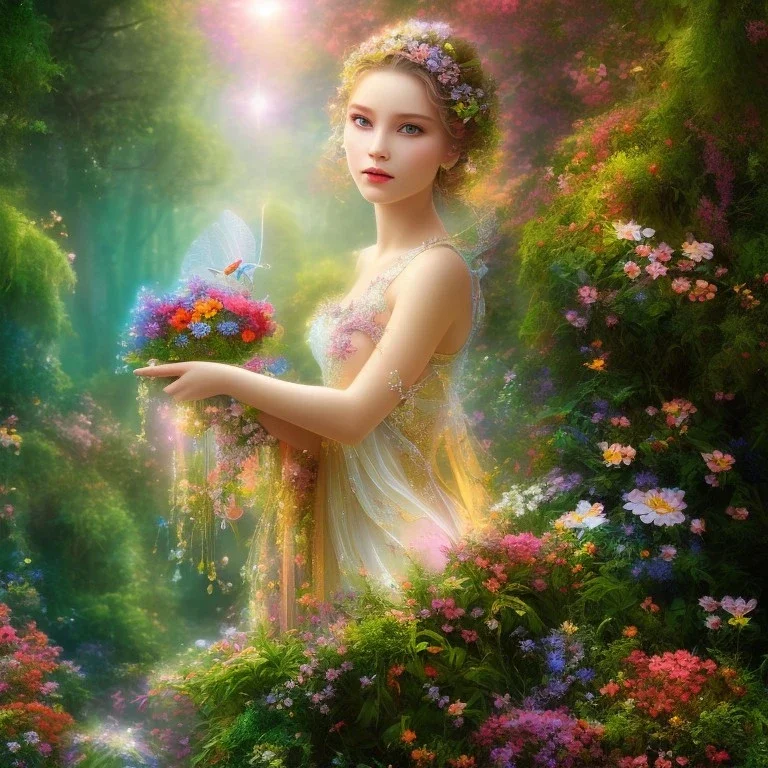 bright fairy, beautiful portrait, flowery landscape