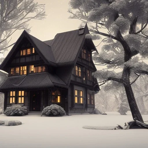 German village house, dark, candle light, snow, 16k quality, hyper realistic, 3d render, dramatic lighting, octane render, volumetric lighting