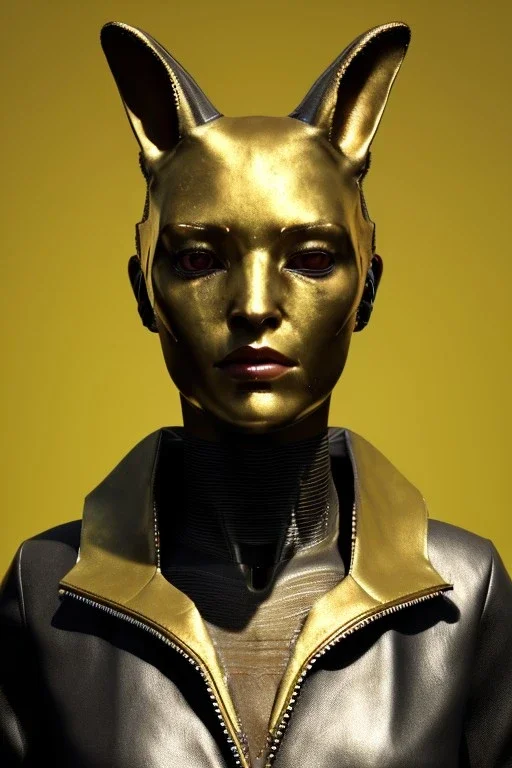 Medium Close Up Portrait, Front image. cyberpunk, rabbit mask, sweet woman, gold hair. Leather, feather suit. Yellow, red, color. Gheisa style. Color background, photo studio. Avatar image, highly detailed, concept art, smooth, unreal engine 5, ray tracing, RTX, lumen lighting, ultra detail, volumetric lighting, 3d, finely drawn, high definition, high resolution.