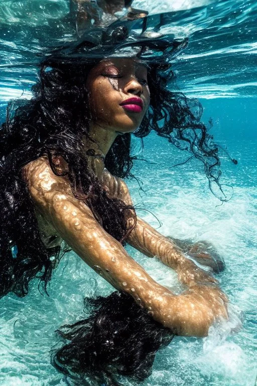 a beautiful woman, long curly black hair,closed eyes,coming from beneath the water,braking the surface with her face just coming out the water,looking up symbolism for breaking free. realistic,8k quality, action close shot from areal view,highly detailed , chaos 80