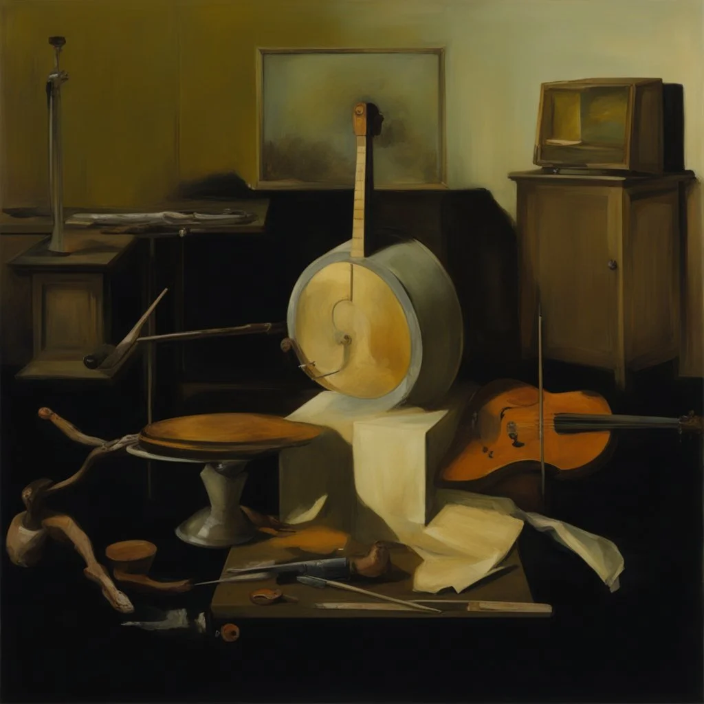 human body, universe-like table,complex surgical instruments mixed with human body-like musical instruments,minimalism,Painting By Adrian Ghenie, Rene Magritte, Lucian Freud