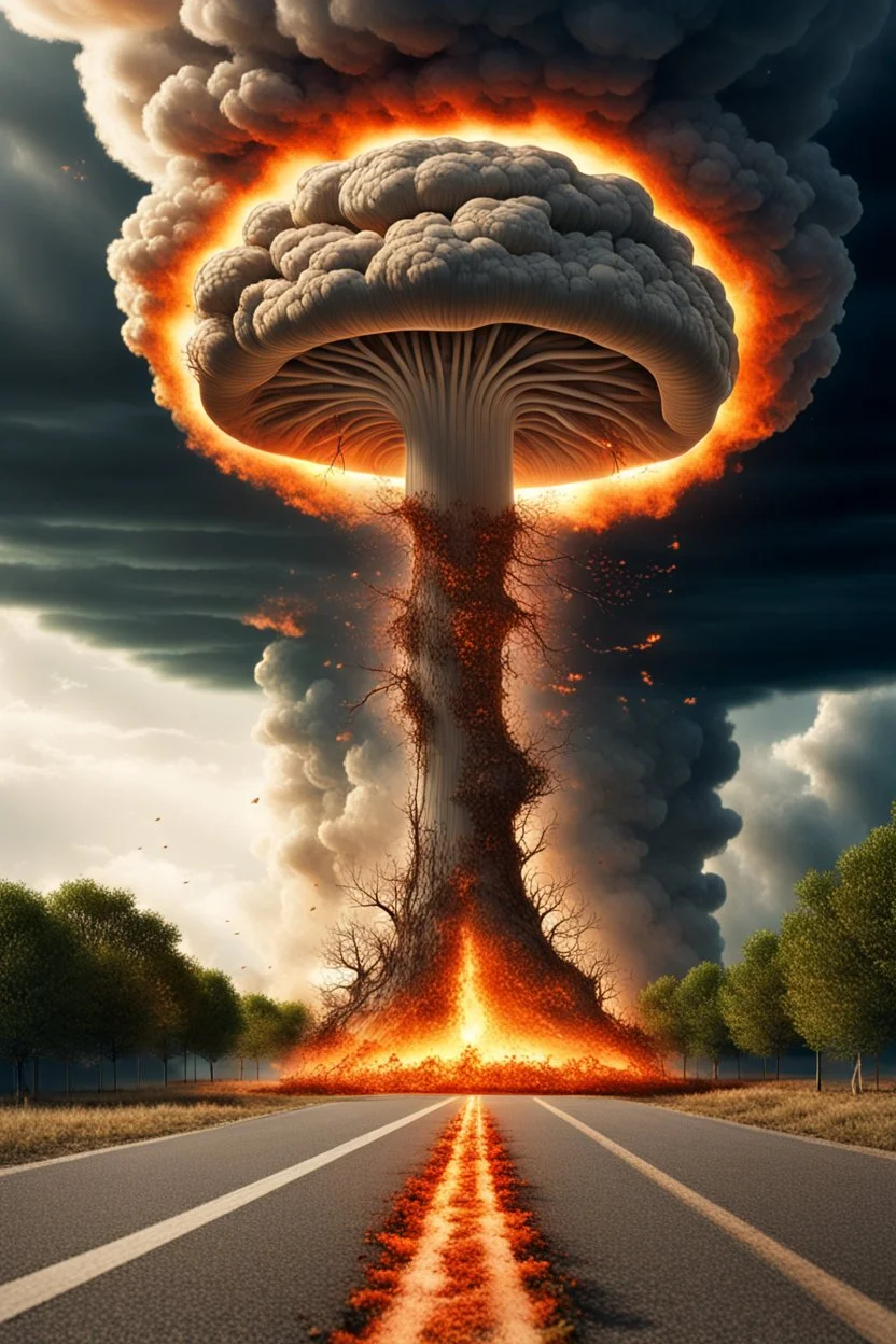 nuclear explosion's mushroom cloud that looks like a tree, with energy lines radiating outward but behind, many leaves falling, ground is dirt and scorched with a road coming down the middle towards viewer, angelic fantastic lighting