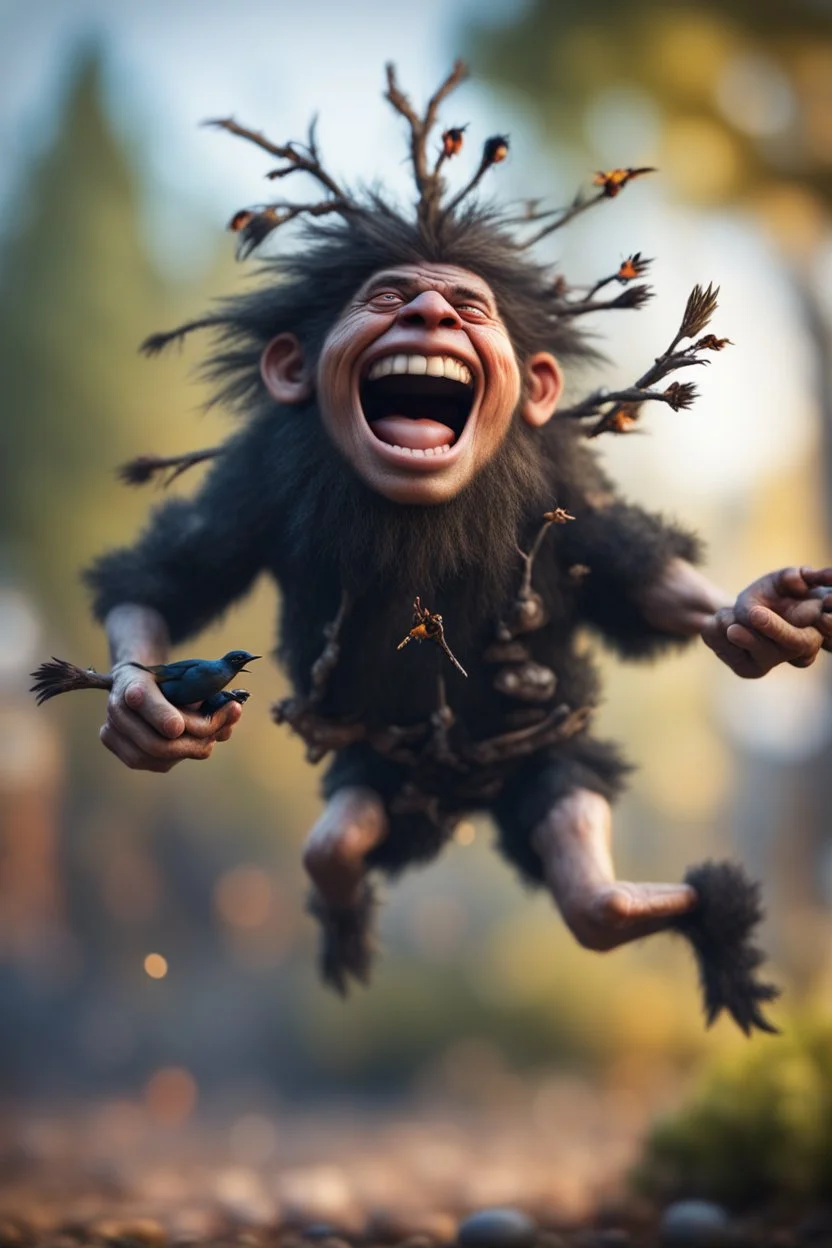 epic twig troll moron catching holding crow upside down laughing,bokeh like f/0.8, tilt-shift lens 8k, high detail, smooth render, down-light, unreal engine, prize winning