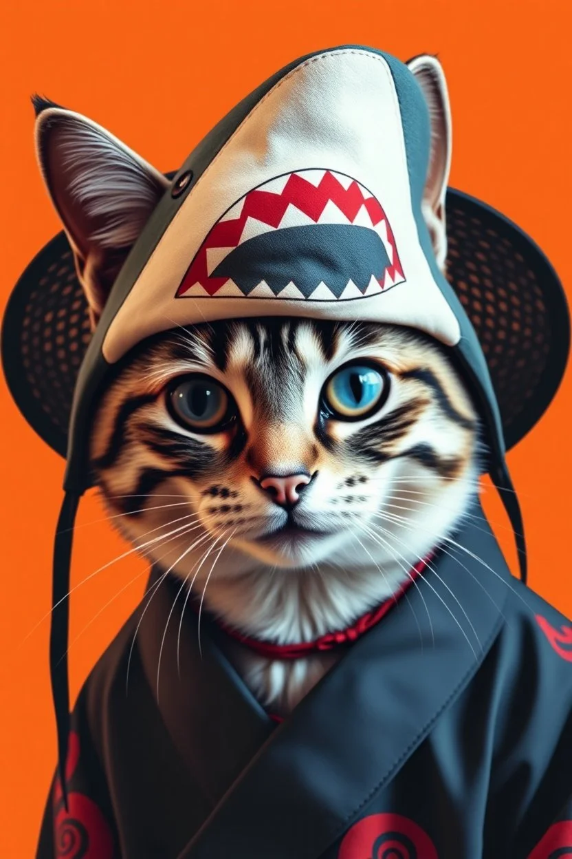 cat with shark mask hat solana japanese style in the style of warhol