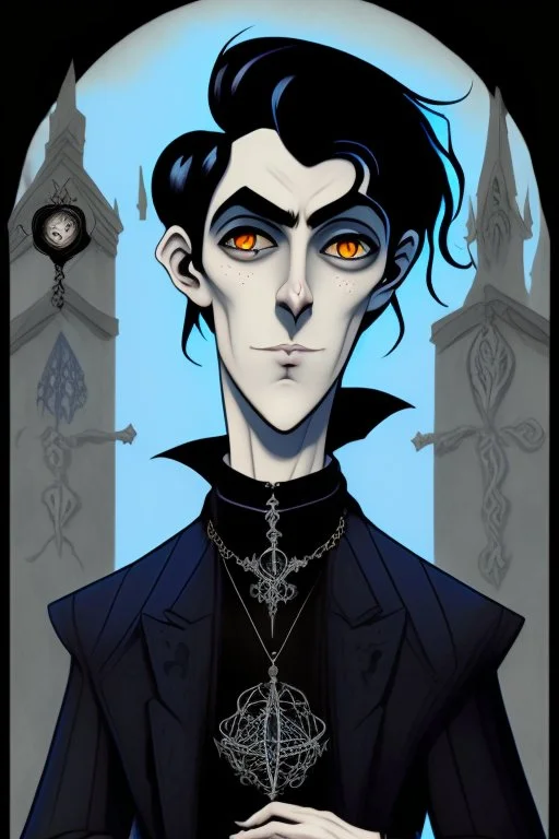 black haired blue eyed young man necromancer wizard with gothic jewelry in the style of charles addams