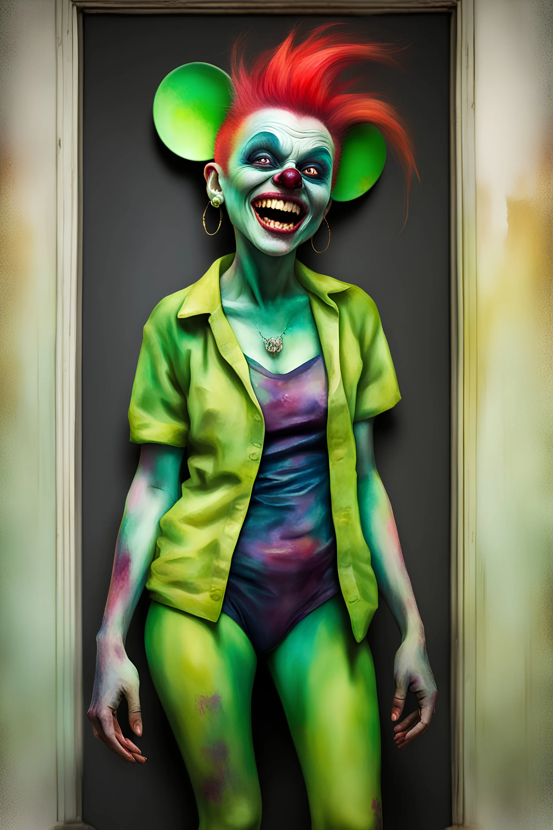 a multicolored, watercolor stained, wall in the background, inspired by all the works of art in the world - laughing - Millie "The Bat" Miller, an extremely tiny, thin, voluptuous beautiful mickey mouse-faced vampire werewolf zombie female with a green mohawk, full body image, wearing a skinsuit, Absolute Reality, Reality engine, Realistic stock photo 1080p, 32k UHD, Hyper realistic, photorealistic, well-shaped, perfect figure,