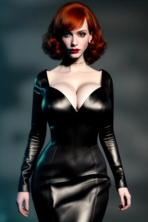 Christina Hendricks dressed in black leather gown, frank miller sin city, busty, cleavage, volumetric lighting, particales,highly detailed,cinematic, deep colours,8