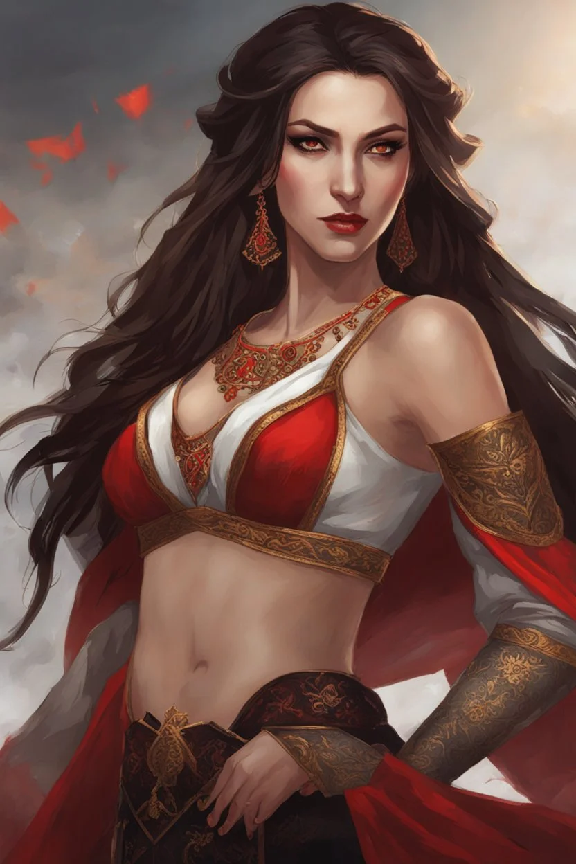 concubine in the Witcher world, long brown hair, red eyes, red and black attire