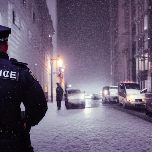 large muscular police officer, speaking, to a muscular man wearing a trench coat, downtown snowy new york at night, dramatic, dramatic lighting, volumetric lighting, hyperrealism, 8k, high quality, photorealistic, lot of details