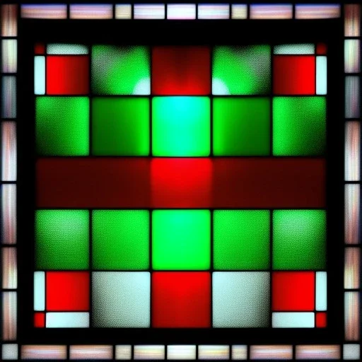 Hyper realistic piet mondrian, squares, stained glass window with lead caming, darkgreen, 4k, sunny day outside, reedglass, ambient glowIng glass