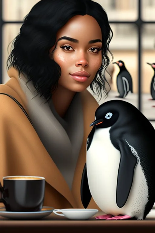 young black hair woman talk to a penguin in coffee-shop