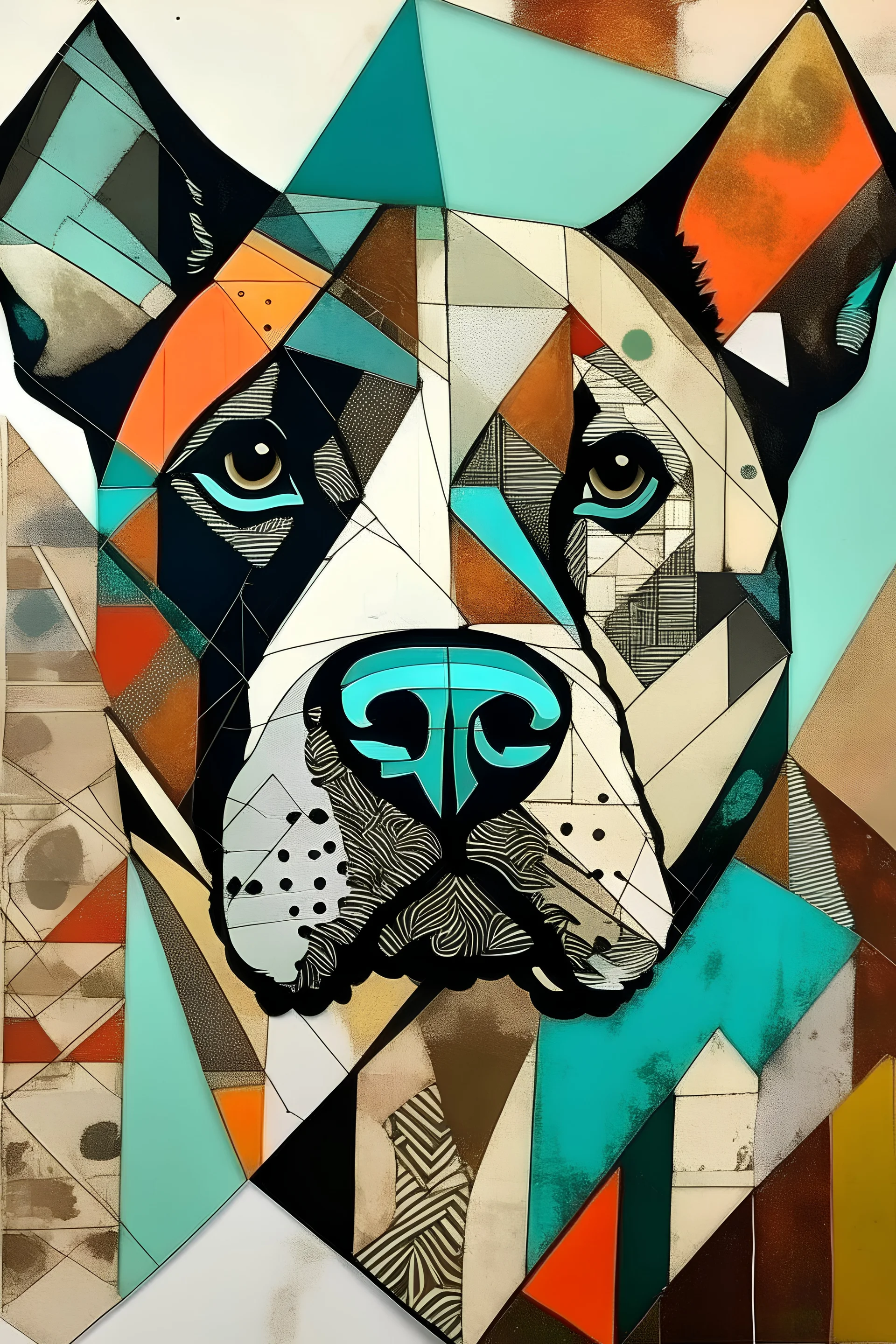 create a simple mixed media collage, combine a geometry shapes showing a dog face as the base of the collage and 3 images for the collage.