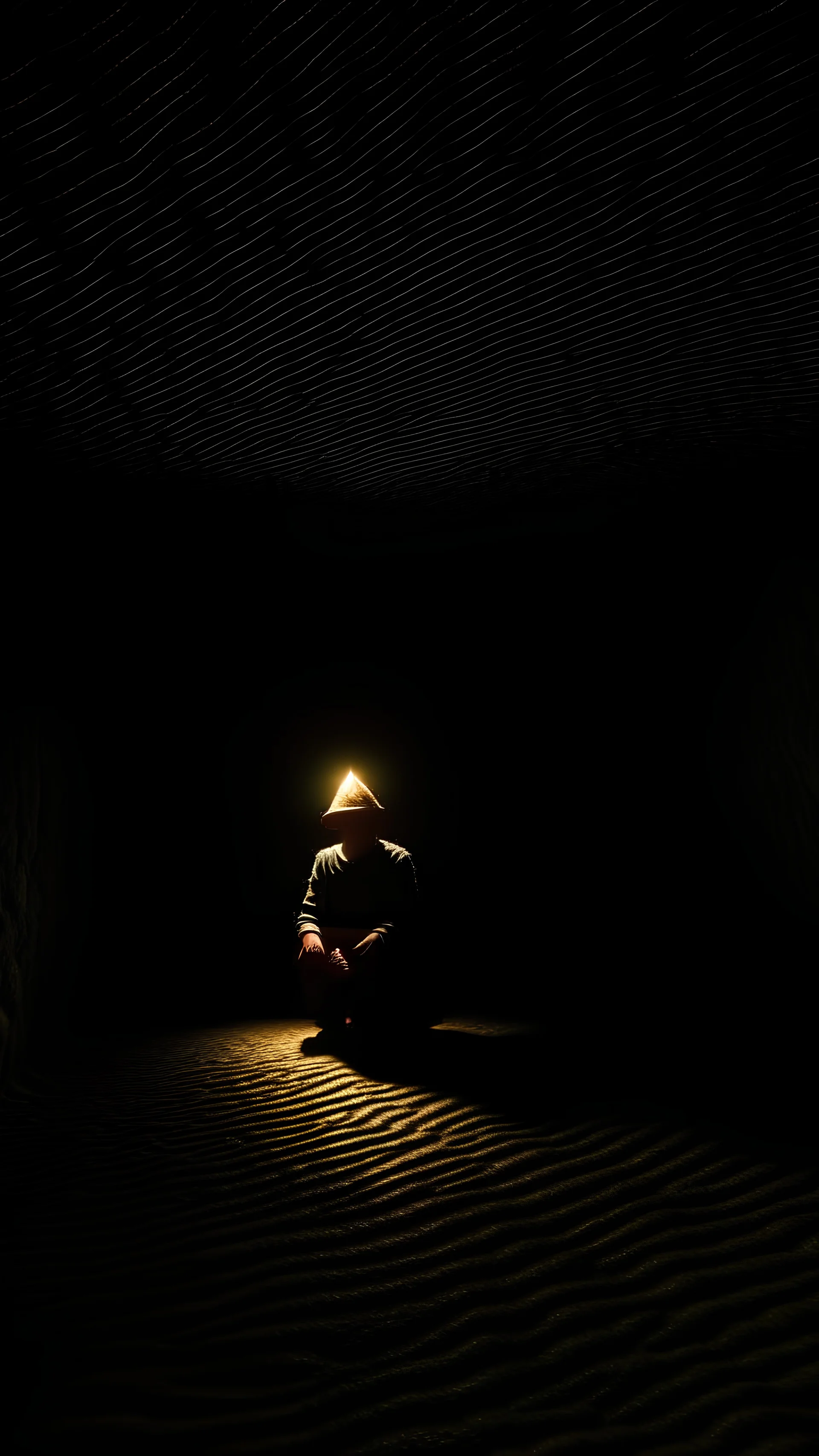 character in semi-darkness, on the scree cone of an underground room dimly lit by daylight coming from a well located forty meters above.