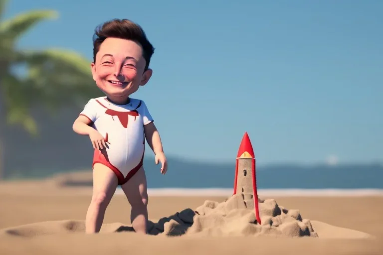 Elon musk as a young toddler building a Very tall rocket-shaped sandcastle on the beach. He is wearing a polkadot swimsuit