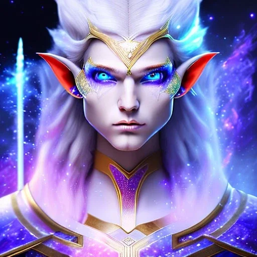 cosmic mage, elf, male, battle mage, cosmic sword, epic, cosmic magic, staff, long ears, white hair, face details