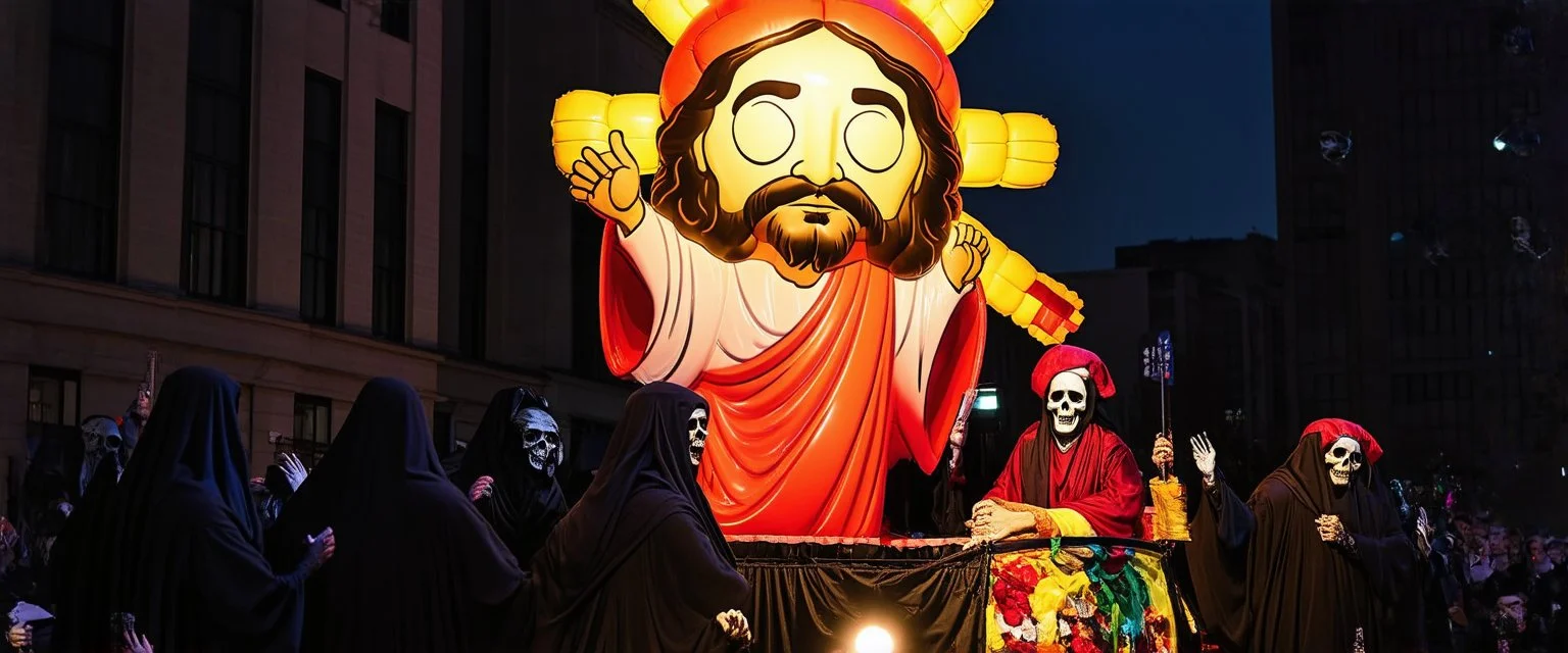 cartoonish jesus parade balloon pulled by multiple grim reapers, multi colored, bright, vivid, psychedelic, high detailed, high gloss, insanely detailed, matte, horrorcore, lining the street, unsettling contrast, monument to death, live action shot grim reaper parade, pulling a jesus parade float