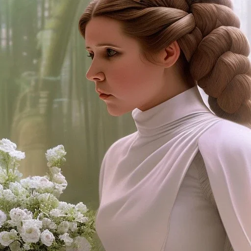 death star background, complete and photo realistic detailed head to waist stunning photo realistic portrait of young carrie fisher as Princess Leia in star wars with photo realistic hairstyle by Mandy Jurgens and mucha and Richard Schmid and chuck close and chie yoshii, extraordinary and detailed ceremony dress of star wars,brown eyes