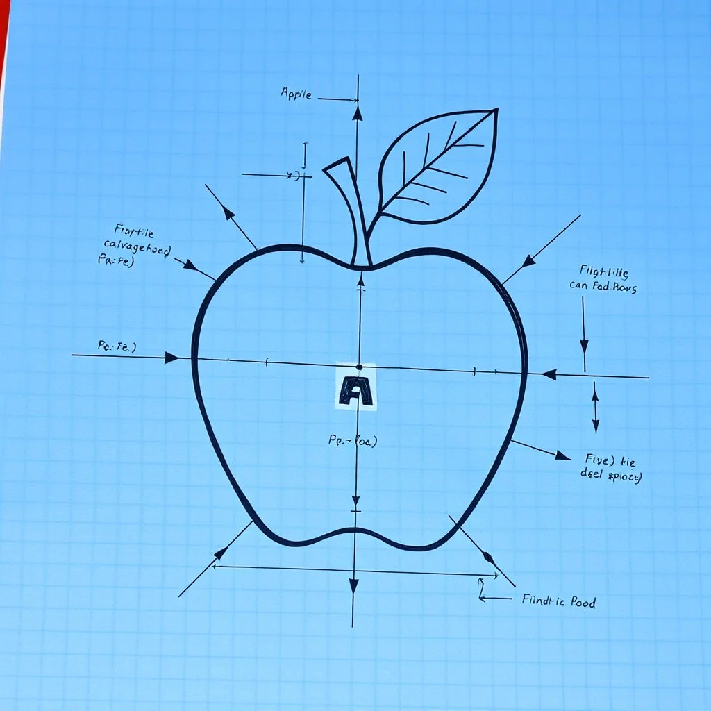make a technical cutaway engineering schematic of an apple drawn on a sheet of blue graph paper, arrows, physics formulas,