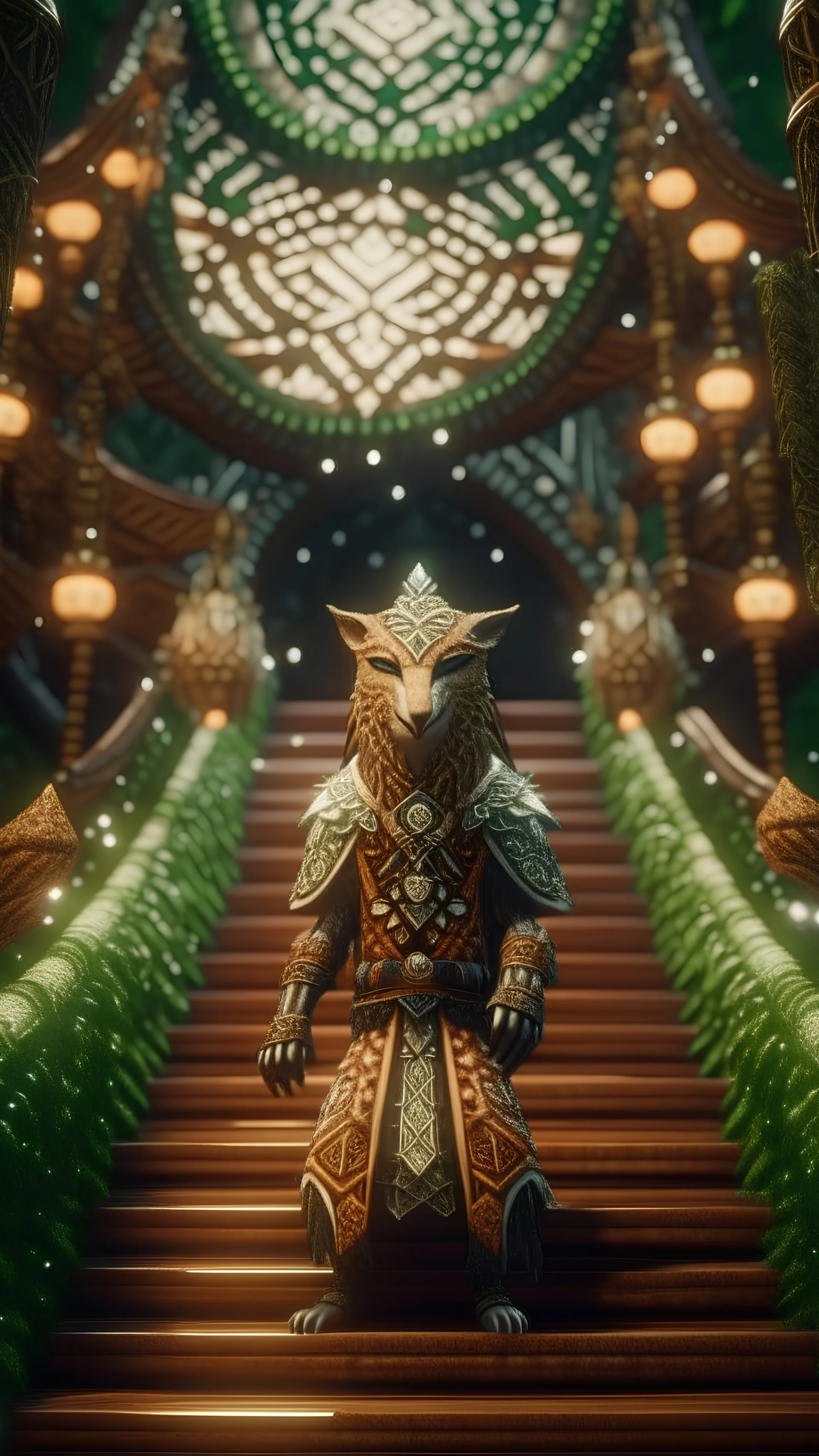 close up portrait of a happy blessed ancient magical king fox soldier standing on a throne in a space alien mega structure with stairs and bridges woven into a sacred geometry knitted tapestry in the middle of lush magic forest, bokeh like f/0.8, tilt-shift lens 8k, high detail, smooth render, down-light, unreal engine, prize winning