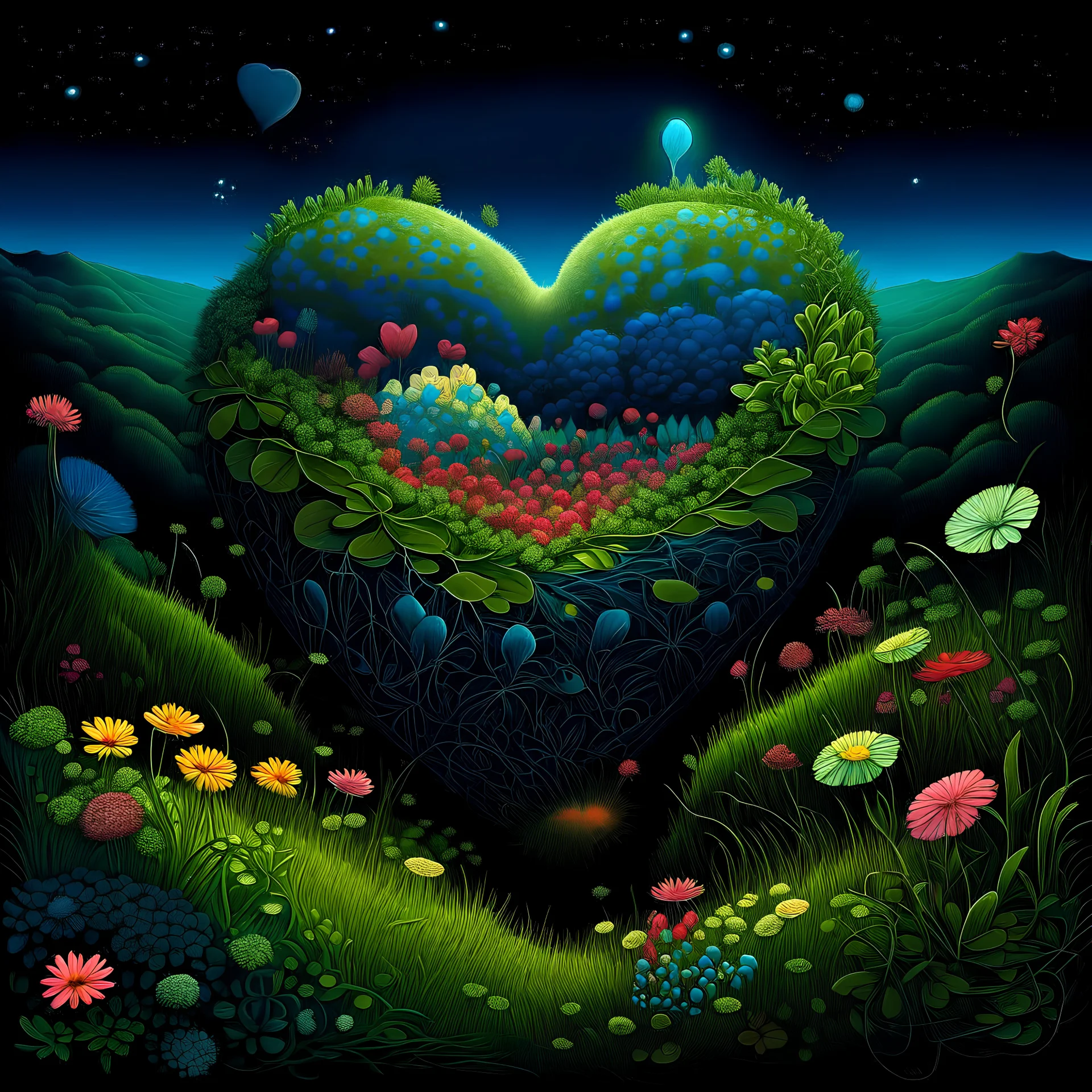 Jacek Yerki's fractals of wildflowers and hearts in the night. a clear image. digital painting. elegant. bright, colorful, 3D. art deco, diamond dust, extremely detailed. fantastic. dynamic lighting. excellent quality. Jacek Yerka