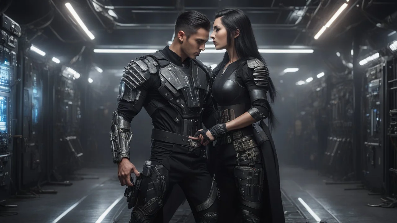 Hyper Realistic Young handsome muscular man with-short-black-hair & a soul patch wearing a skintight black long sleeve shirt cybernetic armor utility belt has weapons on it dancing with a beautiful-lady-with-long-black-hair wearing-circuit-patterned-gown in an underground control room with cinematic & dramatic ambiance"