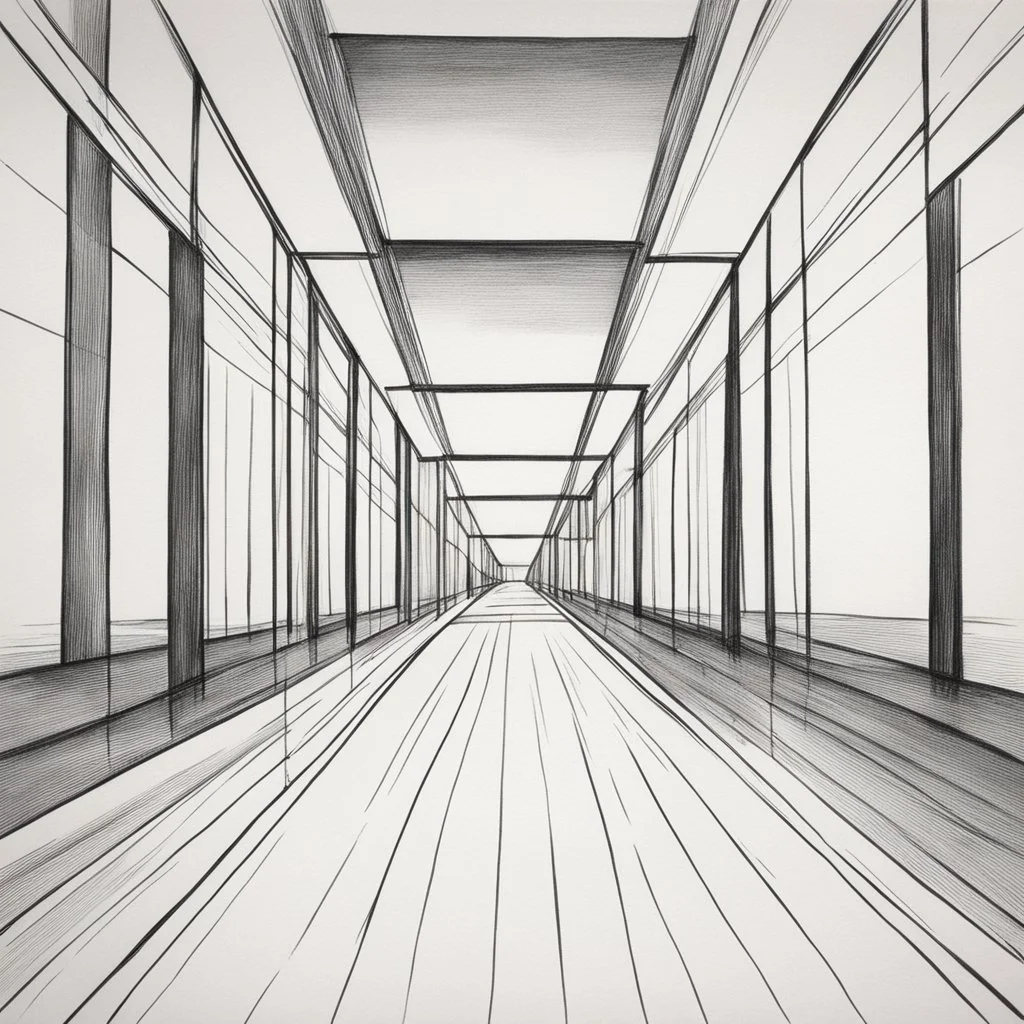 This drawing uses a one-point perspective, meaning that the objects' faces parallel the viewer and converge at a single vanishing point on the horizon line. Do it. It's simpler than you think - just pay attention to the 20-step guide and, if needed, watch the video below. Begin by lightly drawing a horizontal line in the middle of your paper. It will be the base of the tower and should be about six inches long if using a 12-inch sketchbook; Divide this line into thirds and lightly make small m