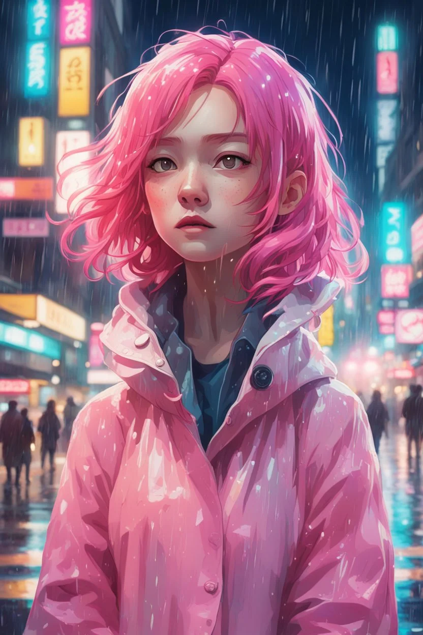 8k photo portrait of a stunning woman with pink hair in a pastel raincoat, looking at the camera, at a bustling crosswalk at night, wet reflections, Highly Detailed, studio ghibli, akira toriyama, james gilleard, genshin impact, trending pixiv fanbox, acrylic palette knife, 4k, vibrant colors