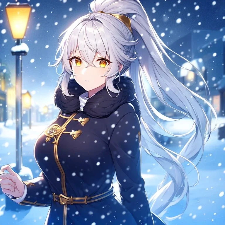 girl, masterpiece, best quality, cinematic lighting, detailed outfit, perfect eyes, silver hair, long hair, vibrant golden eyes, ponytail, messy hair, snowing, winter outfit,