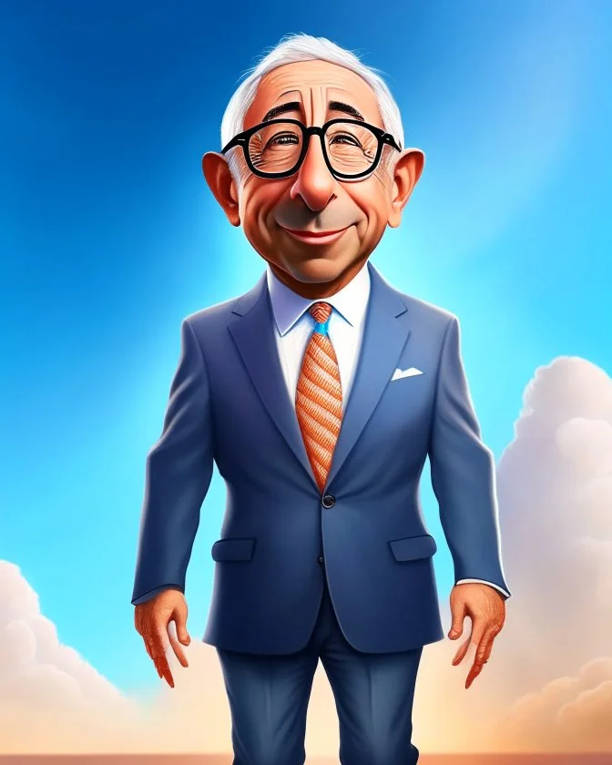 Cartoon of expresident Alvaro Uribe Vélez full body 4k without suit with shirt pants and shoes rat ears rat nose circular glasses grotesco big white hat light blue sky