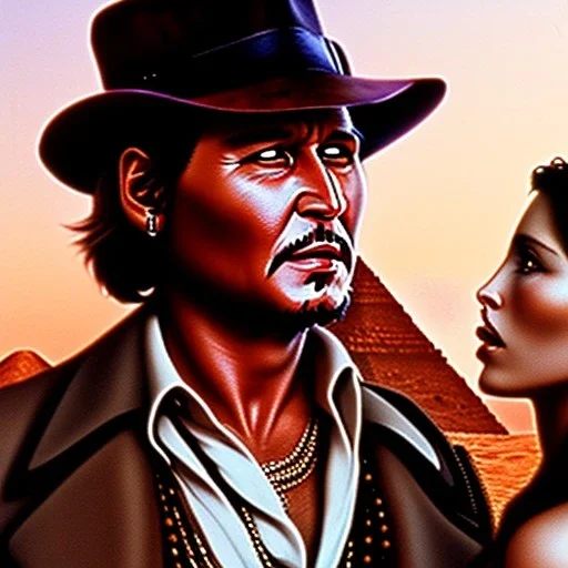 johnny depp as indiana jones kissing a model. at sunset, in egypt.