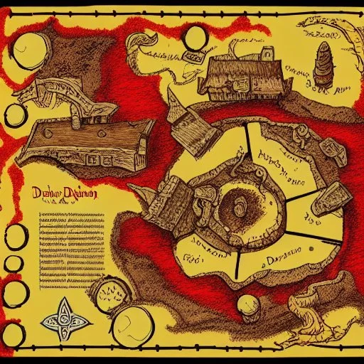 dnd, fantasy, map of the small town, demonic, diagram, map, parchment, illustration, arstation, red colour, black sand, barren desert