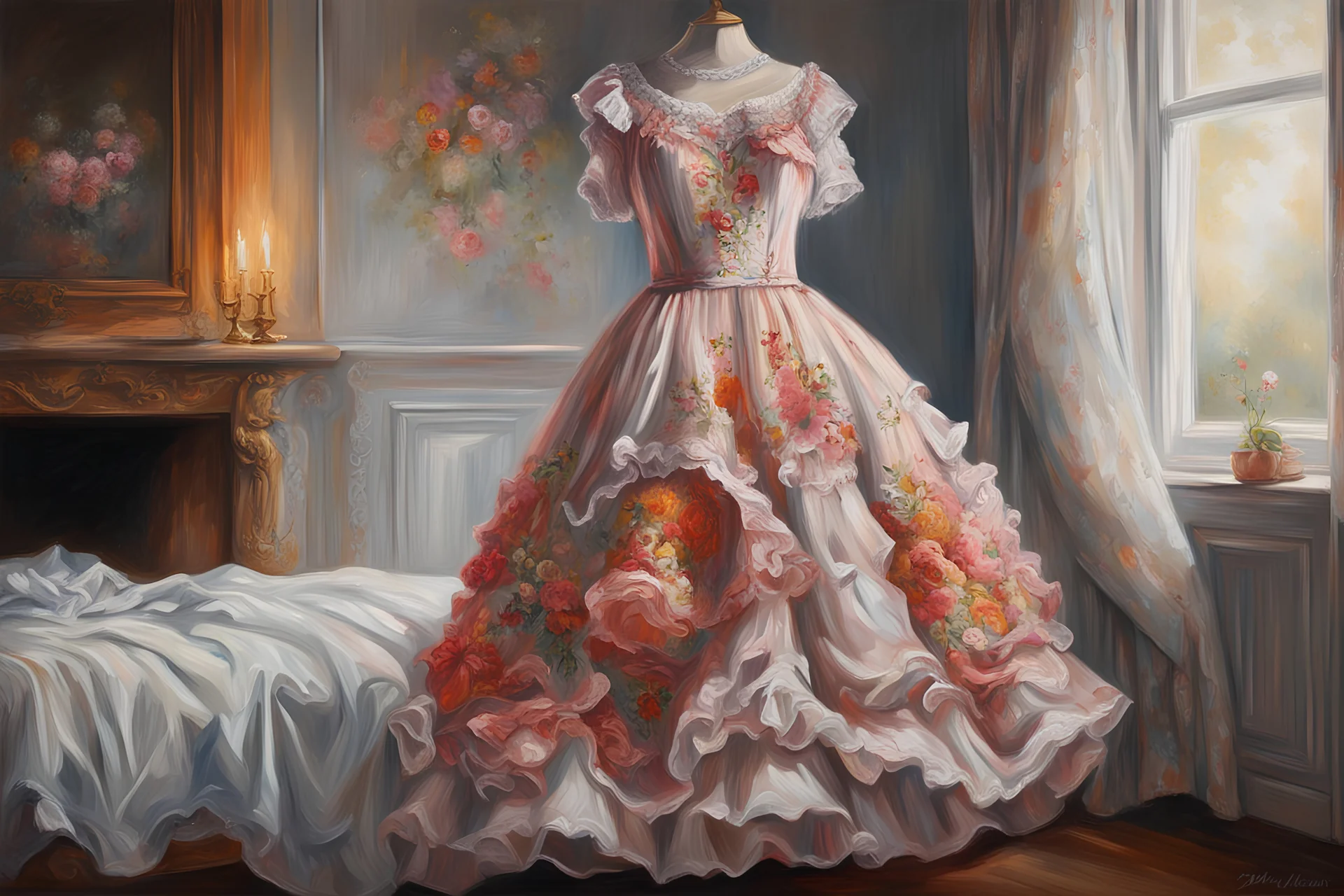 A beautiful romantic ruffled dress, decorated with beautiful embroidered flowers and lace, hanging on a hanger in a bedroom by the fireplace, in the light of the fireplace, Hyper realistic, oil on canvas award winning fantastic view ultra detailed acrylic art Ultra realistic Impressionism Surrealism simen johan, sharp focus intricate oil on canvas cinematic lighting photorealistic high detail ultra detailed crisp quality colourful, ethereal, cinematic postprocessing, bokeh, dof in sunshine