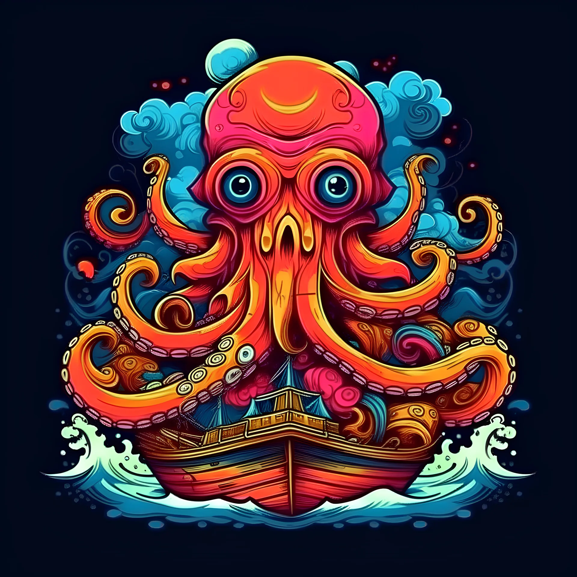 t-shirt vector, a colorful octopus with its tentacles wrapped around a sunken pirate ship