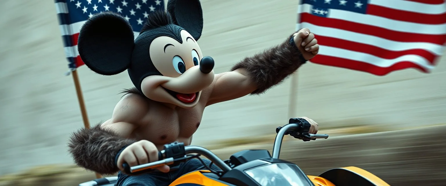 hi speed bad ass cyber punk masculine realistic mickey mouse rambo humanoid with hairy arms and chest, on quad, motion blurred background, holding american flag