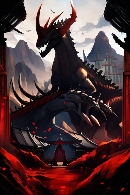 mountains, red and black, temple, dinosaur