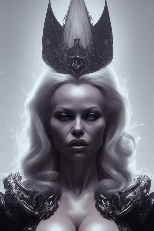 Pamela Anderson as evil queen in black leather, leather, busty, cleavage, angry, stern look. character design by cory loftis, fenghua zhong, ryohei hase, ismail inceoglu and ruan jia. unreal engine 5, artistic lighting, highly detailed, photorealistic, fantasy.