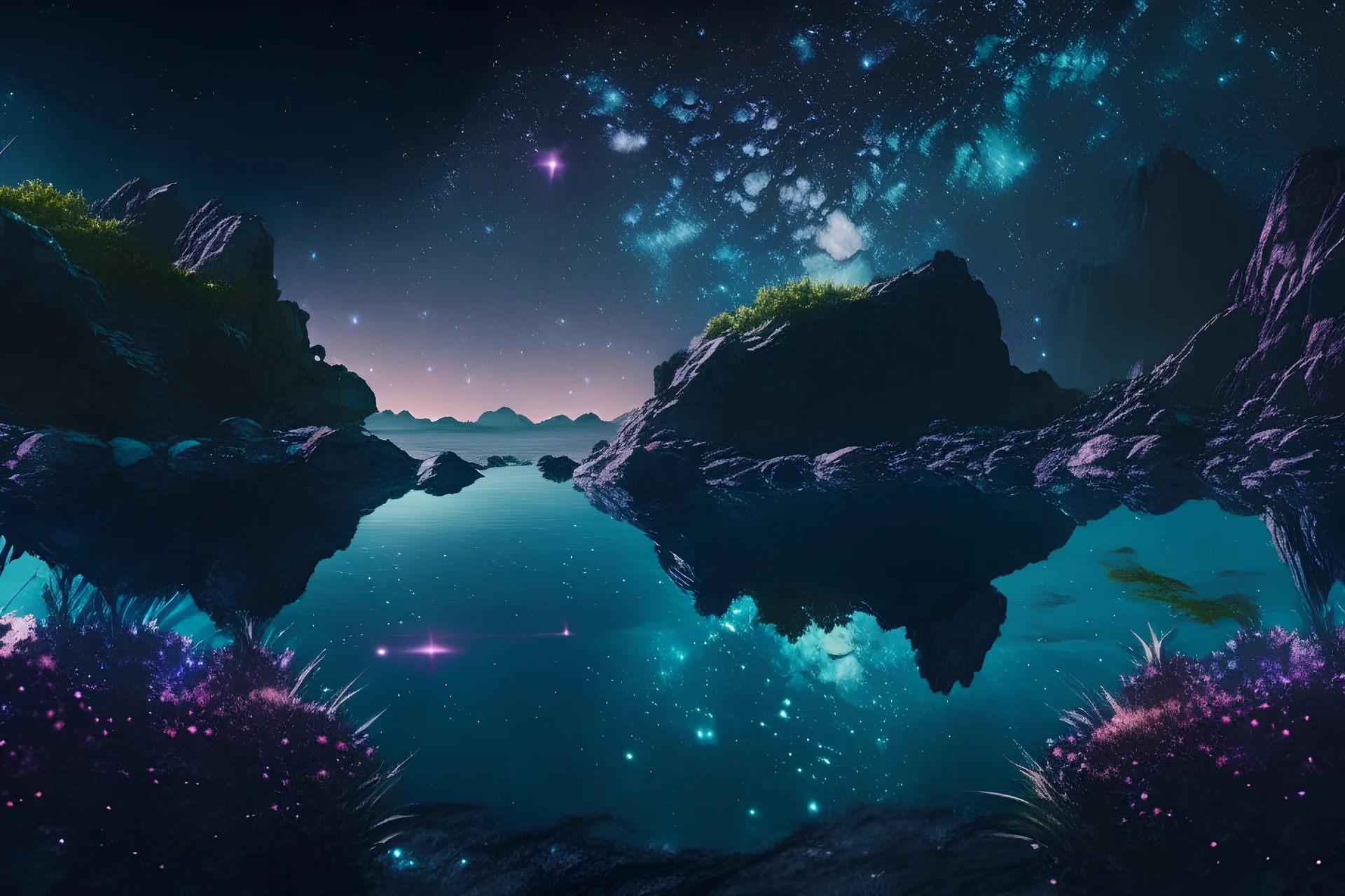 rocky cliff, vegetation, galaxy, infinite, cosmos, people, water reflection, sci-fi.