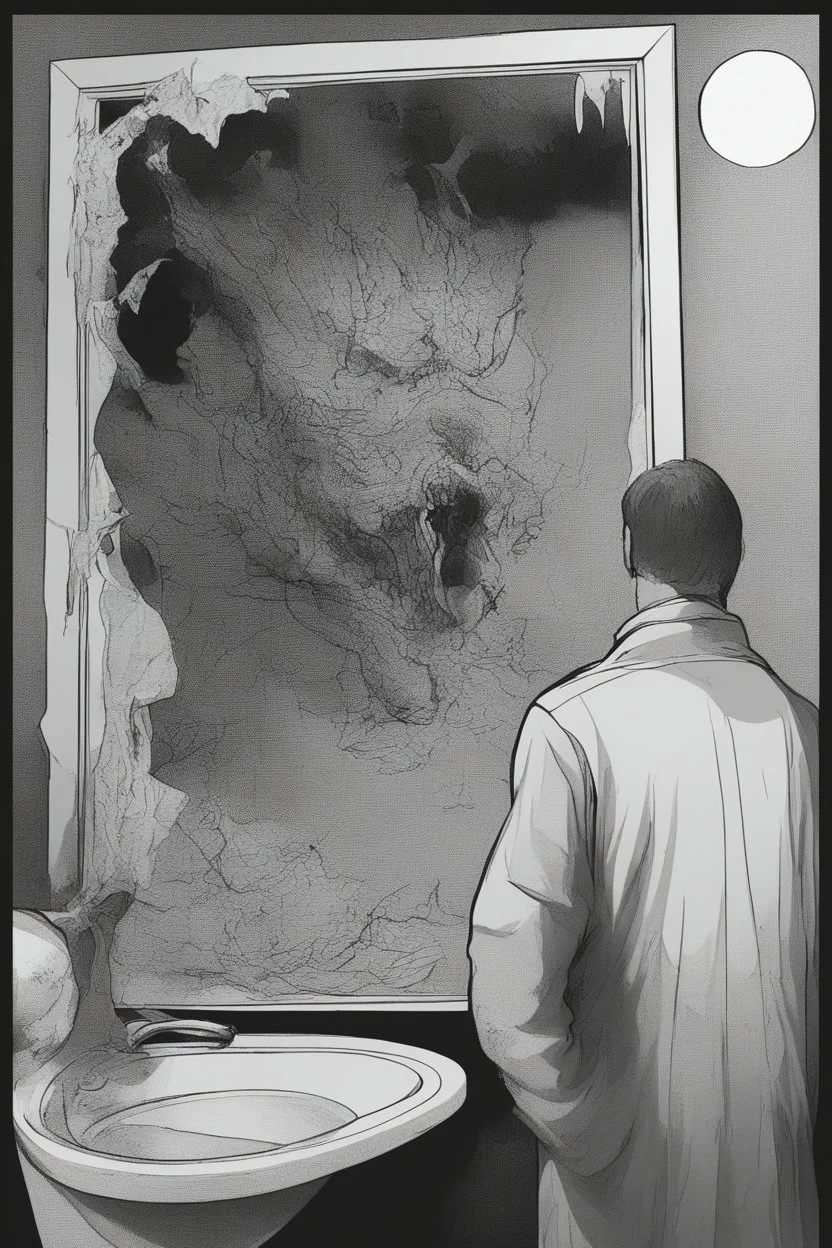a man looking into a shattered bathroom mirror and seeing a horrifying, abstract deranged monster in his reflection