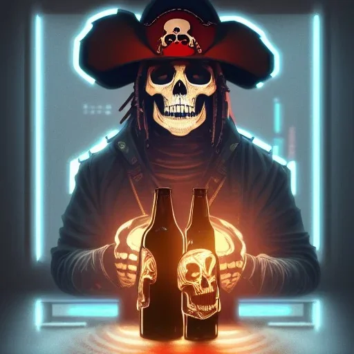 a cyberpunk hacker pirate captain skeleton holding a beer with a pirate hat sitting in front of a huge old crt monitor in a dark room , only light coming from crt monitor, highly detailed, intricate, digital art, trending on artstation, trending on cgsociety, by greg rutkowski