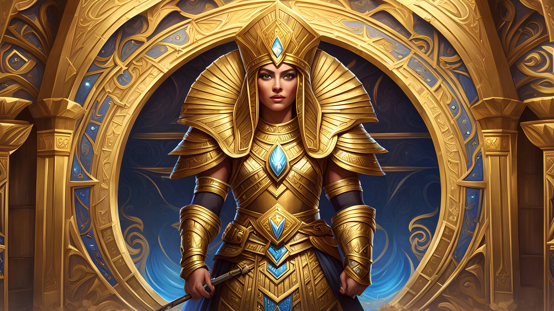 inside an Egyptian pyramid, art nouveau, hearthstone card artwork, golden armor with diamonds, cartouche, background image