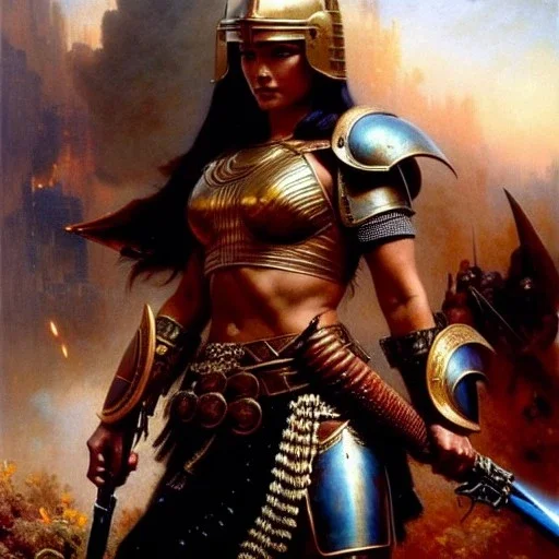 portrait ' beautiful busty Female Warrior',ancient metal armor and Helmet ,painting by gaston bussiere, greg rutkowski, yoji shinkawa, yoshitaka amano, tsutomu nihei, donato giancola, tim hildebrandt, oil on canvas, cinematic composition, extreme detail,fit full head inside picture,16k