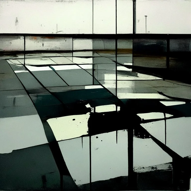 Minimal abstract oil paintings desolate 1960s carpark concrete fragments in a rain storm. style of Justin Mortimer and Francis Bacon. road markings.