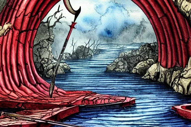 The red hot River Styx leading to hades, Charon, high detail, Watercolor, fine detail, high quality,