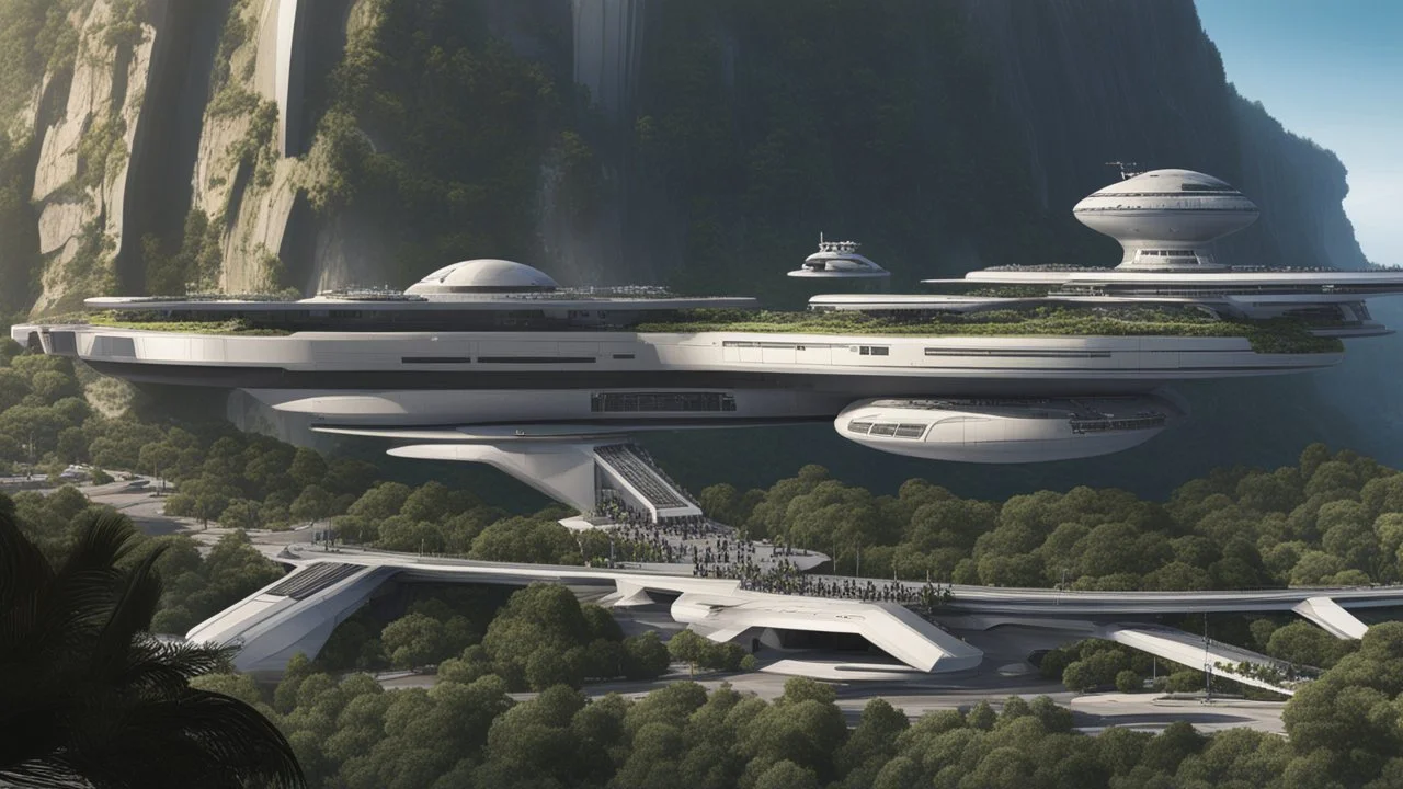 Many spaceliners docked at a huge busy spaceport, with gantries and walkways, setting into the side of a huge cliff, trees, vines and plants, Star Wars, Star Trek