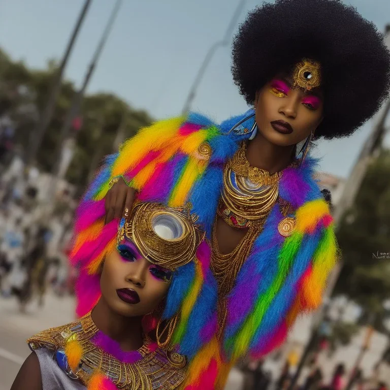 full body shot, masterpiece, best quality, man of median age, black skinned, sparkling eyes, fluorescent skin, colorful makeup, afro, highly detailed body, afrofuturism, scifi, sun light, 4K, RAW, depth of field, high contrast, realistic details, 24mm