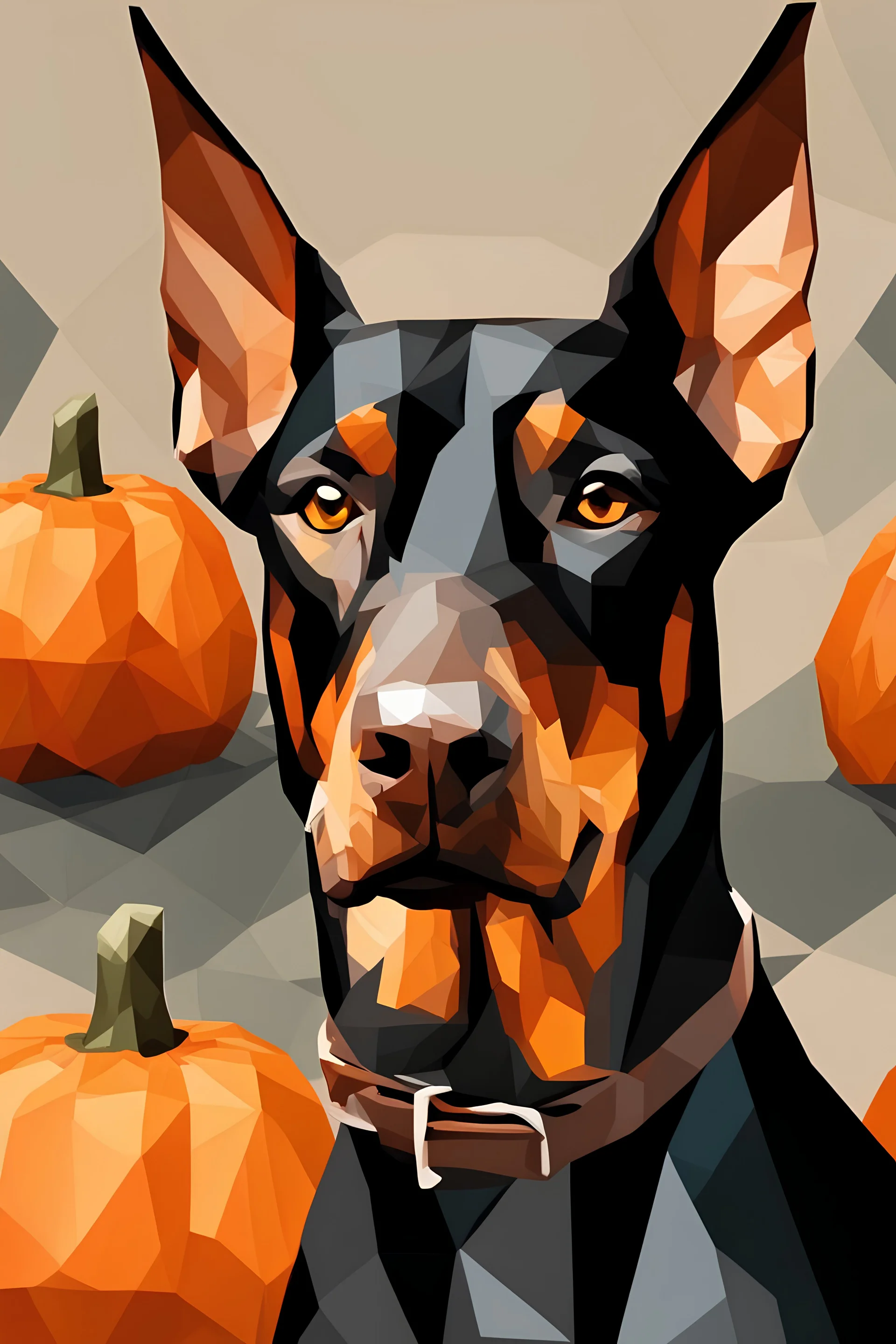 portrait of a doberman with pumpkins in polygon art